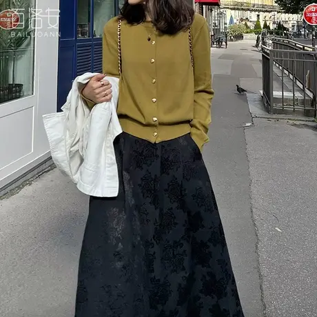 百洛安别致纽扣针织开衫女春新气质圆领长袖上衣百搭休闲毛衣外套商品大图