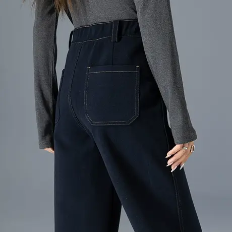 藏青色裤子加厚休闲裤女2024新款秋冬小个子直筒裤宽松高腰阔腿裤图片