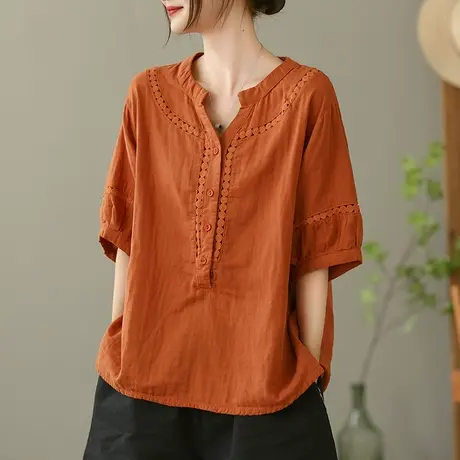 dza 复古镂空刺绣衬衫女2023夏薄款纯棉白色衬衣宽松百搭套头上衣图片