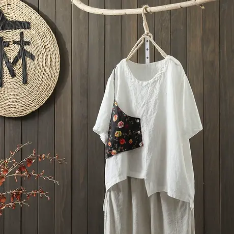 枫谜2021年夏季新款文艺复古贴布拼接棉麻短袖T恤女亚麻薄款上衣图片