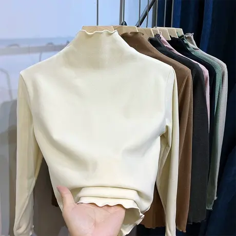 双面绒打底衫女冬新款半高领磨毛T恤修身显瘦加厚保暖木耳边体恤商品大图