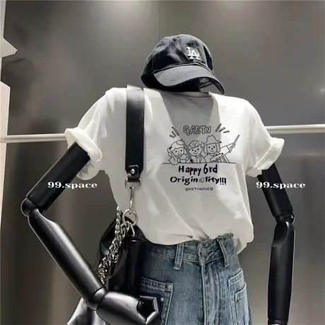 设计感上衣夏款短袖女质感t恤白色宽松显瘦薄款女装港风百搭印花T商品大图