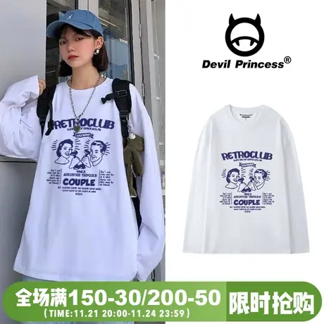 长袖秋冬上衣女ins港味复古风高街薄款宽松oversize2024新款T恤女商品大图