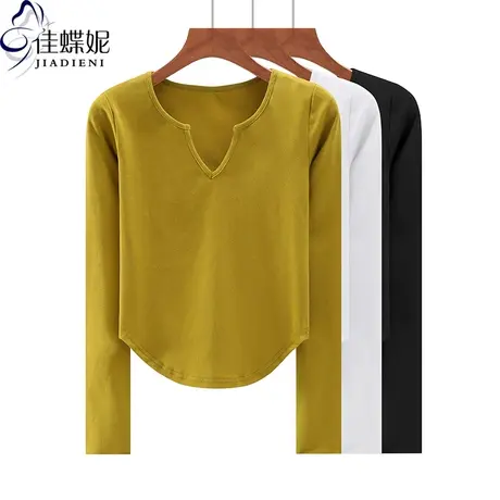 秋季新款韩版小V领修身纯色下摆圆弧纯欲纯棉长袖体恤上衣内搭女商品大图