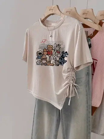 夏季抽绳上衣女2023新款不规则下摆T恤收腰修身潮ins港风复古短袖商品大图