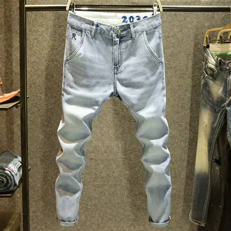 夏季斜口袋男士牛仔裤高端韩版修身小脚裤时尚百搭面料柔软长裤子商品大图