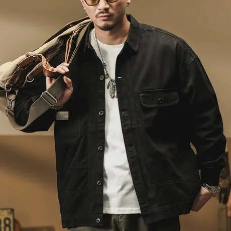 潮流工装夹克休闲复古宽松大码外套男长袖纯色时尚宽松春夏外套男图片