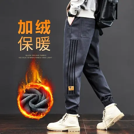 冬季男生加绒加厚保暖防风休闲裤子秋冬款条纹束脚工装2023年新款商品大图