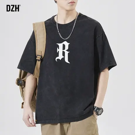 男士黑色重工磨毛t恤男夏季短袖美式高街情侣装男装2023新款半袖商品大图