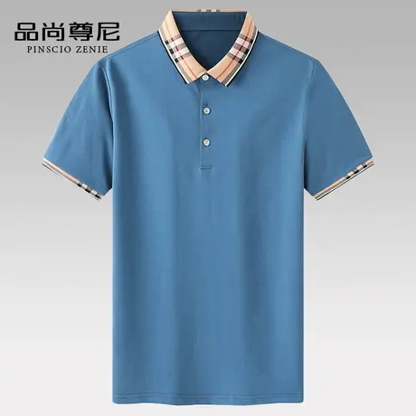 男士t恤短袖爸爸夏季丝光棉凉感拼接格纹翻领polo衫中老年人夏装商品大图