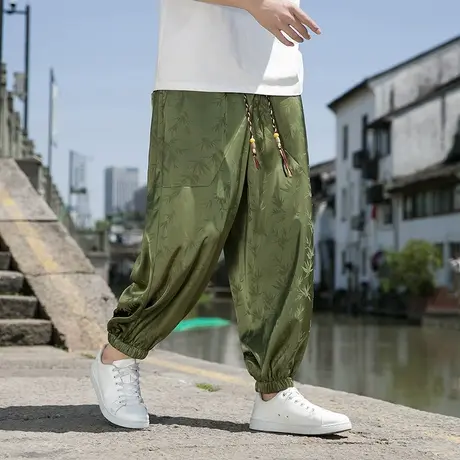 薄款九分裤男夏季中国风冰丝裤子宽松束脚潮流男装收口休闲裤提花图片