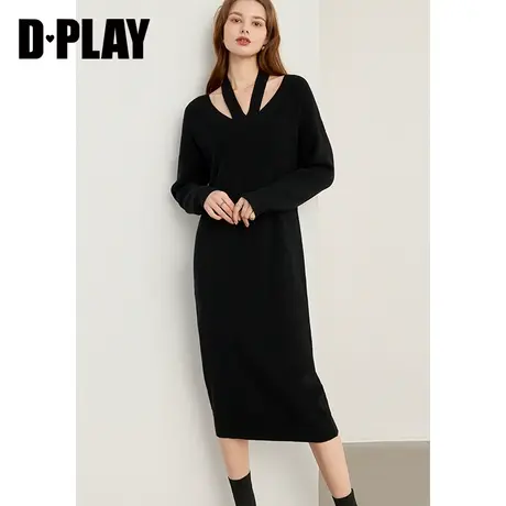 DPLAY冬气质通勤经典黑V领挂脖针织连衣裙佰搭慵懒风打底裙商品大图