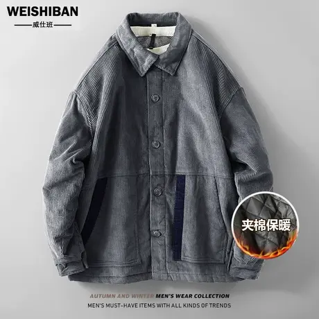 青年加绒加厚衬衫式保暖外套秋冬季灯芯绒轻商务长袖翻领工装上衣商品大图