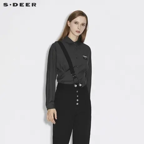 sdeer圣迪奥女装春秋装翻领格纹字母不规则长袖衬衫女S21380510图片