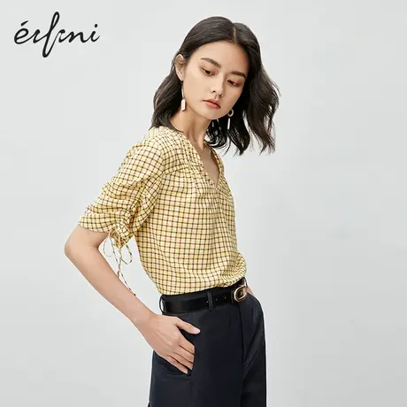 伊芙丽春夏新款V领格纹宽松衬衫抽褶设计衬衣女1B4920351商品大图