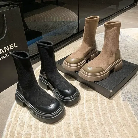 厚底短靴女2024新款秋冬弹力瘦瘦靴复古英伦风马丁靴切尔西单鞋子图片