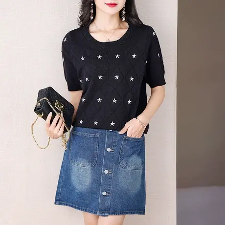 伊自尚2024年新款女装大码胖mm夏薄款洋气百搭时尚针织衫T恤上衣图片