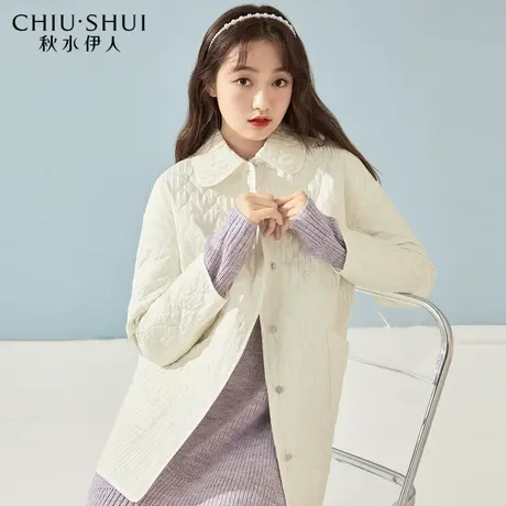 秋水伊人2021年冬新品女装气质纯色心型图案甜美翻领薄款棉服外套图片