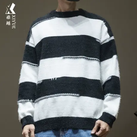 2023新款仿貂毛衣男冬季日系条纹百搭男士宽松大码重磅830g针织衫商品大图