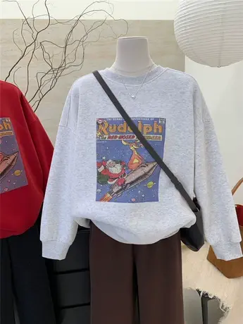 韩国东大门圣诞印花减龄宽松圆领加绒加厚保暖卫衣女休闲百搭上衣商品大图