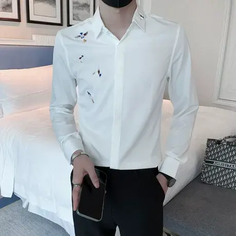 秋季男个性衬衫长袖修身刺绣潮流休闲帅气ins痞帅刺绣发型师衬衣商品大图