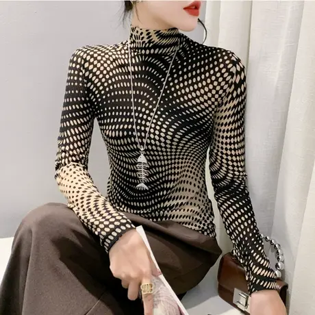 半高领打底衫长袖网纱印花时尚链子气质内塔上衣女修身显瘦T恤潮商品大图