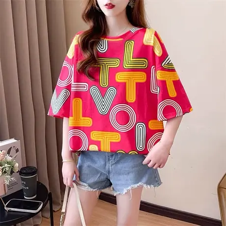 2024夏季新款韩版字母印花短袖t恤女大码女装宽松显瘦中长款上衣商品大图