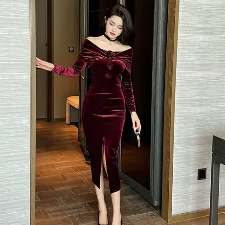 酒红色敬酒服新娘平时可穿2023新款轻奢开叉包臀一字肩丝绒连衣裙商品大图