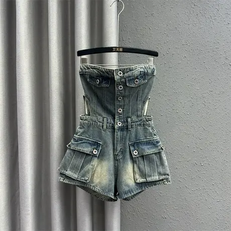 欧货纽扣设计感连体牛仔短裤女24春夏新款时尚减龄工装a字阔腿裤图片