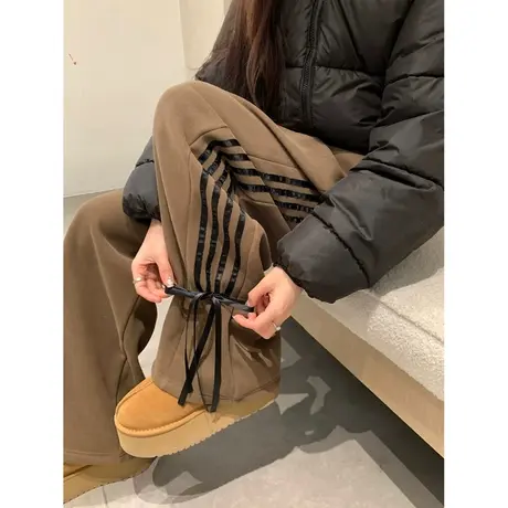 蝴蝶结设计感小众阔腿休闲裤女早春韩版宽松百搭条纹运动拖地裤子商品大图