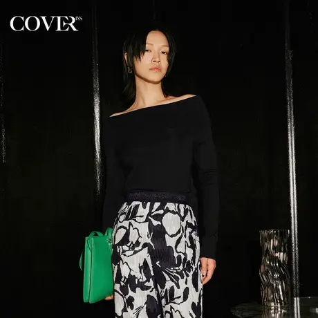 COVER2023秋季翻领一字肩羊毛毛针织衫商品大图