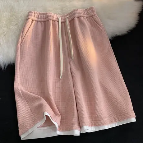 宽松华夫格短裤女夏季薄款休闲运动五分裤ins显瘦高腰阔腿直筒裤图片