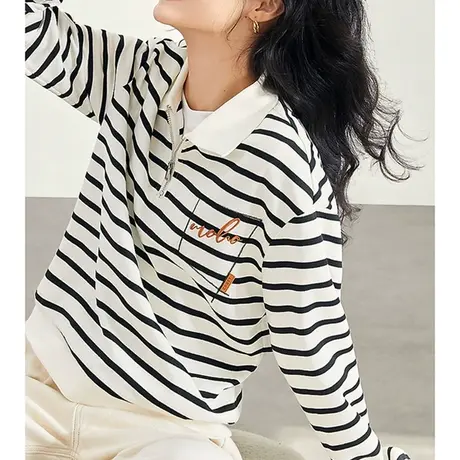 韩潮袭人时尚POLO领条纹上衣设计感宽松慵懒拉链卫衣女商品大图