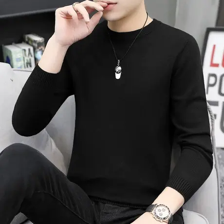 毛衣男圆领黑色纯色打底衫加厚加绒秋冬季一体绒内搭毛线衣针织衫图片