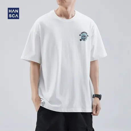 hansca 宽松纯棉短袖t恤男青少年夏季潮牌印花休闲运动白色打底衫商品大图