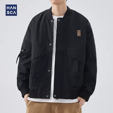 hansca美式复古潮牌翻领工装飞行员夹克男士宽松休闲黑色外套春秋商品大图