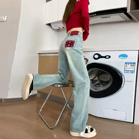 复古拼接刺绣牛仔裤女春季新款大码梨形身材小个子显瘦直筒阔腿裤商品大图