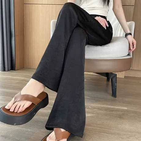 新中式国风提花黑色缎面裤子女春夏高腰垂坠感直筒休闲拖地阔腿裤图片