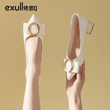 依思q中跟高跟鞋女2024春季新款粗跟浅口尖头单鞋女软皮时装女鞋商品大图