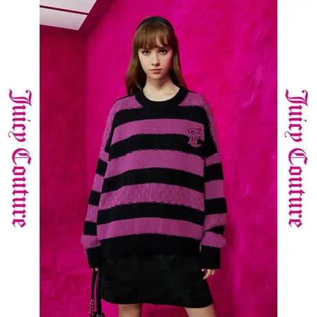 Juicy Couture橘滋初秋冬新款肌理感宽条毛巾绣圆领女毛衣图片