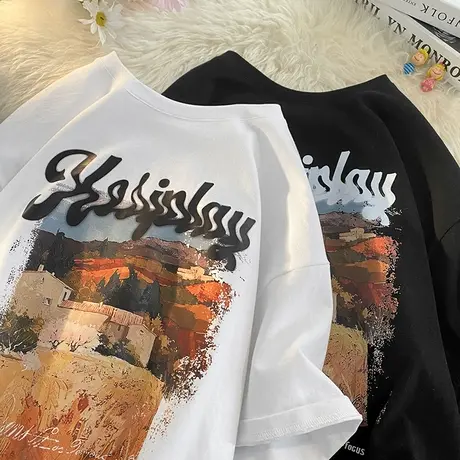 短袖t恤男夏季纯棉宽松油画风景半袖体恤潮流透气薄款休闲上衣服商品大图