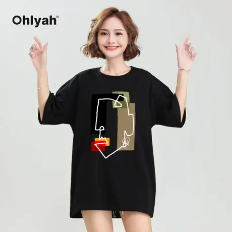 Ohlyah品牌 欧美潮牌涂鸦人物油画印花洋气短袖圆领t恤女上衣黑色商品大图