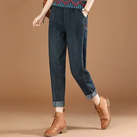 韩潮袭人复古刺绣松紧腰牛仔裤女2023秋季新款显瘦哈伦裤长裤子商品大图
