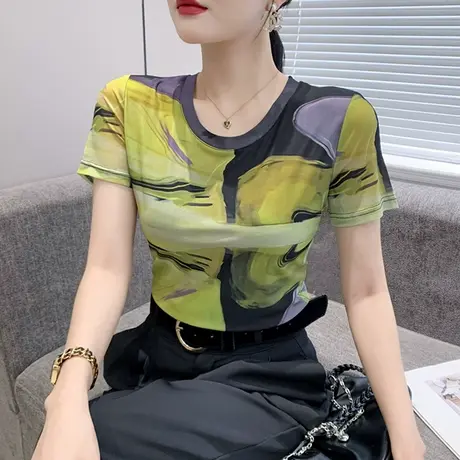 欧货扎染印花上衣女时尚圆领网纱T恤短袖洋气修身小衫别致丅恤夏商品大图