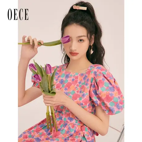 Oece港味复古chic裙子2023春夏新款女装显瘦法式碎花连衣裙中长款图片