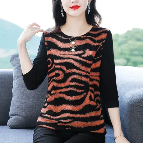 秋冬装中年妈妈长袖t恤打底衫女豹纹洋气修身瘦显遮肚子加绒上衣商品大图
