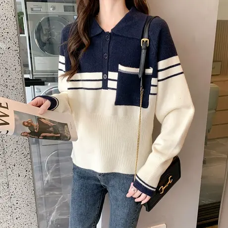 2023秋季新款polo领拼接不规则口袋套头毛衣女外穿拼色针织打底衫商品大图