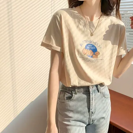 短袖女夏季奶油黄上衣2023新款纯棉宽松别致t恤女士潮牌半袖体恤商品大图