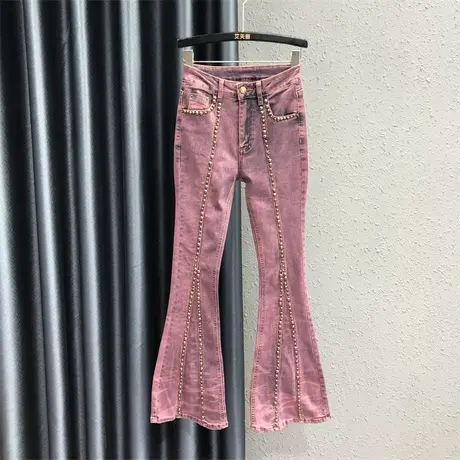 美式高街重工钉珠设计感牛仔微喇裤女2023秋季新款高腰显瘦喇叭裤商品大图