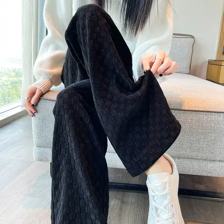 黑色灯芯绒阔腿裤女春秋新款高腰直筒宽松显瘦棋盘格休闲微喇裤图片
